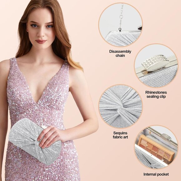 Women's Wedding Evening Silver Glitter Clutch Sparkly Detachable Chain Hand Bag - Picture 3 of 6